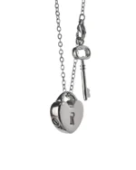 Front view of heart lock and key urn necklace with polished heart-shaped lock and matching key hanging together