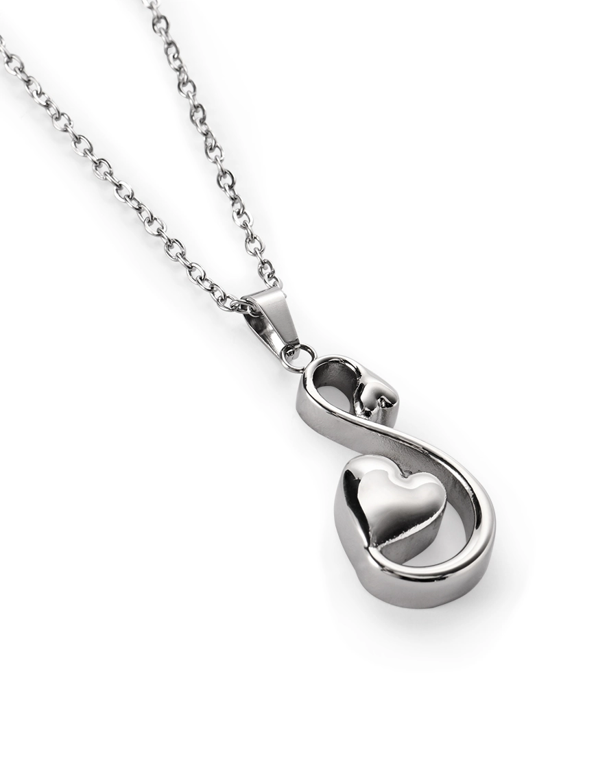 Infinity Heart Urn Necklace for Ashes Infinity heart urn necklace for ashes with raised heart, open stainless steel infinity design and 20 inch chain