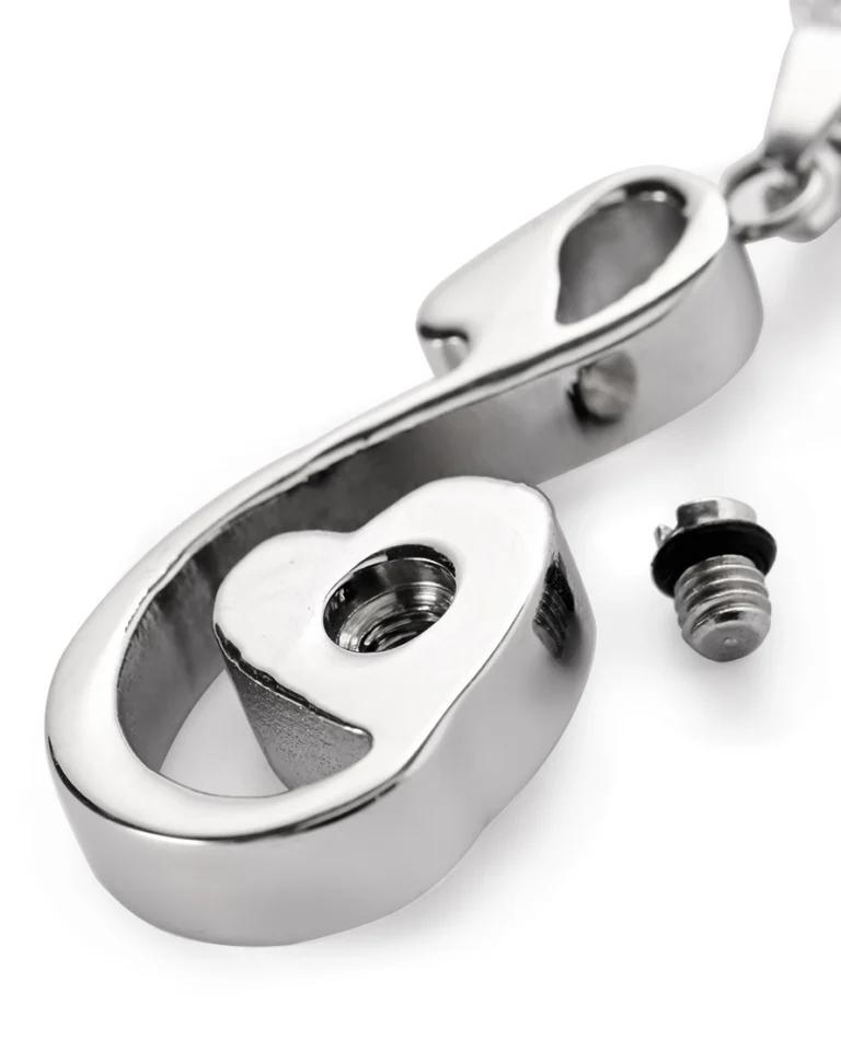 Rear screw opening and rubber gasket on infinity heart urn necklace for ashes
