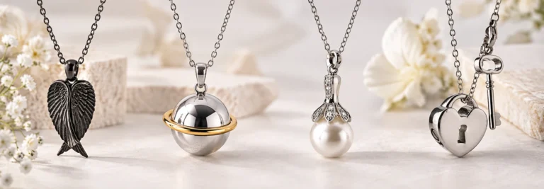 New Royal Memorials cremation jewelry designs including angel wings, Saturn, pearl and heart lock necklaces