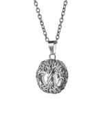 Front view of openwork Tree of Life cremation necklace with circular stainless steel pendant and 20 inch chain