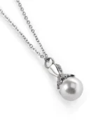 Pearl urn necklace for ashes with rounded pearl-look drop and crystal-accented 316L stainless steel setting