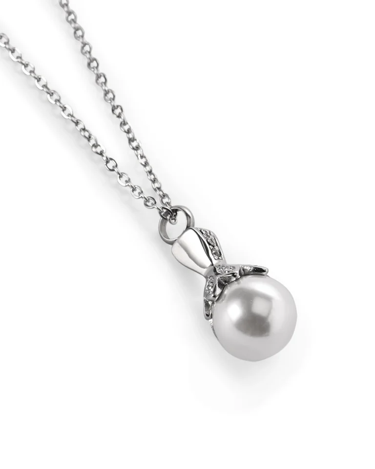 Pearl urn necklace for ashes with rounded pearl-look drop and crystal-accented 316L stainless steel setting