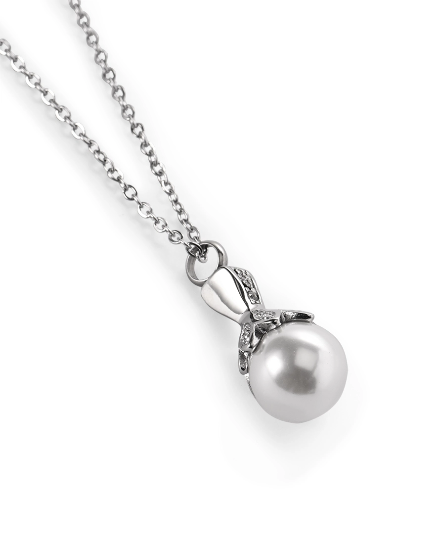 Pearl Urn Necklace for Ashes Pearl urn necklace for ashes with rounded pearl-look drop and crystal-accented 316L stainless steel setting