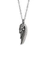 Side view of rose angel wing cremation necklace showing sculpted feather layers