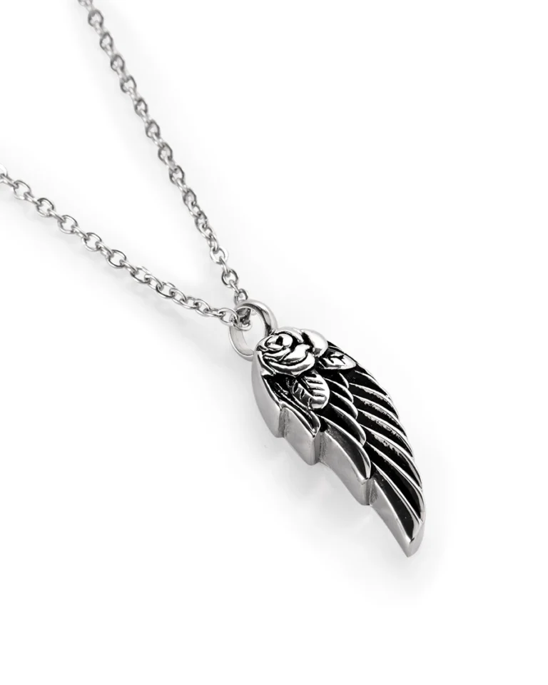 Rose angel wing urn necklace showing raised rose and layered feather detailing