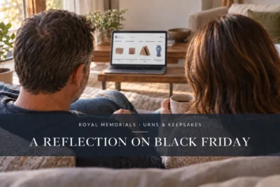 Two people considering memorial choices together, with a Royal Memorials-inspired website on a laptop in the background