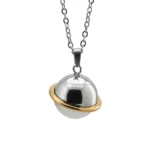 Front view of Saturn urn necklace with polished spherical stainless steel body, gold-tone ring and 20 inch chain