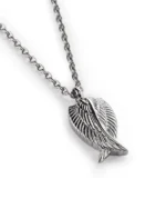 Silver angel wing urn necklace for ashes with overlapping sculpted feathers in 316L stainless steel