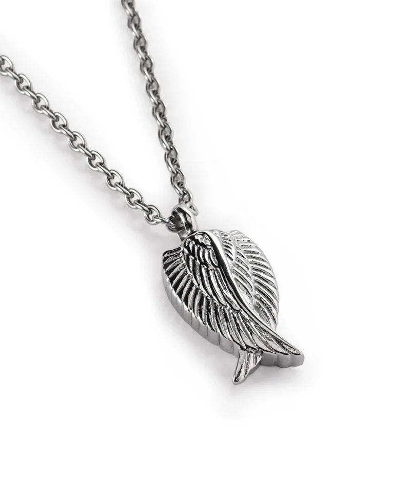 Silver angel wing urn necklace for ashes with overlapping sculpted feathers in 316L stainless steel