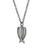 Front view of silver angel wing urn necklace with two sculpted wings and dark recessed feather detailing