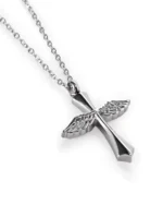Silver Angel Wings Cross urn necklace for ashes with open feather wings, polished 316L stainless steel body and 20 inch chain