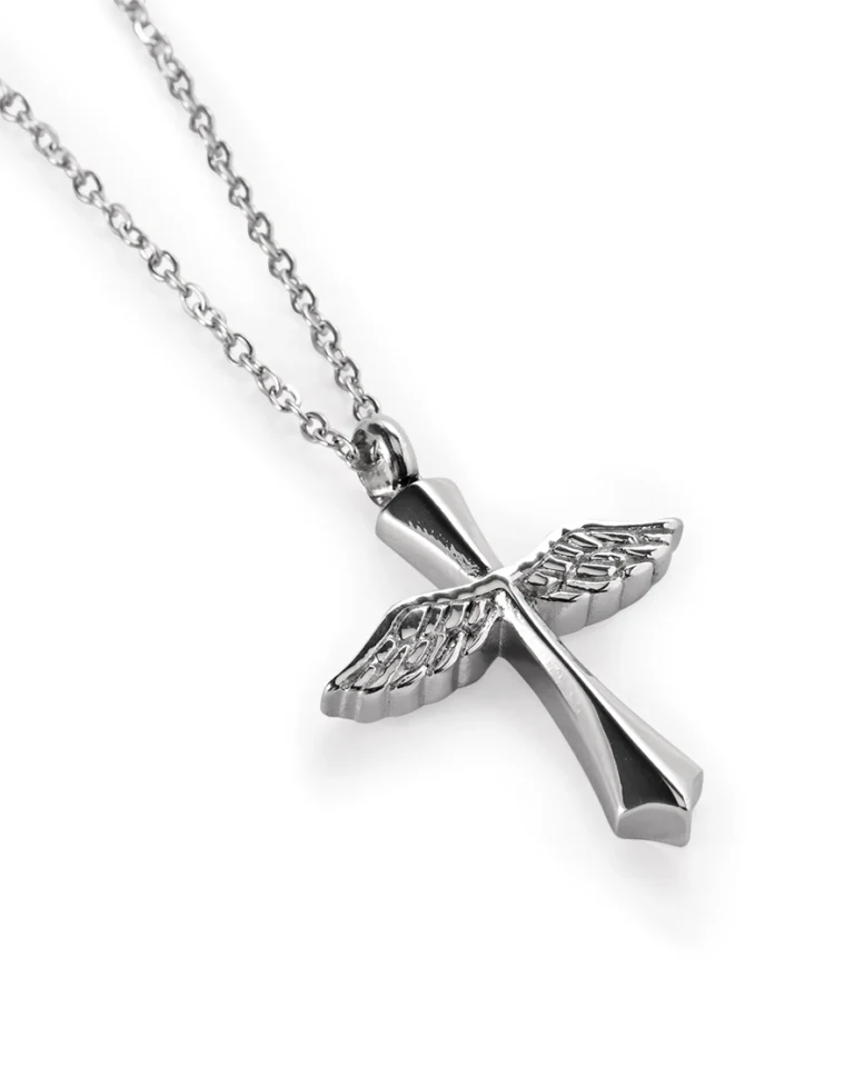 Silver Angel Wings Cross urn necklace for ashes with open feather wings, polished 316L stainless steel body and 20 inch chain
