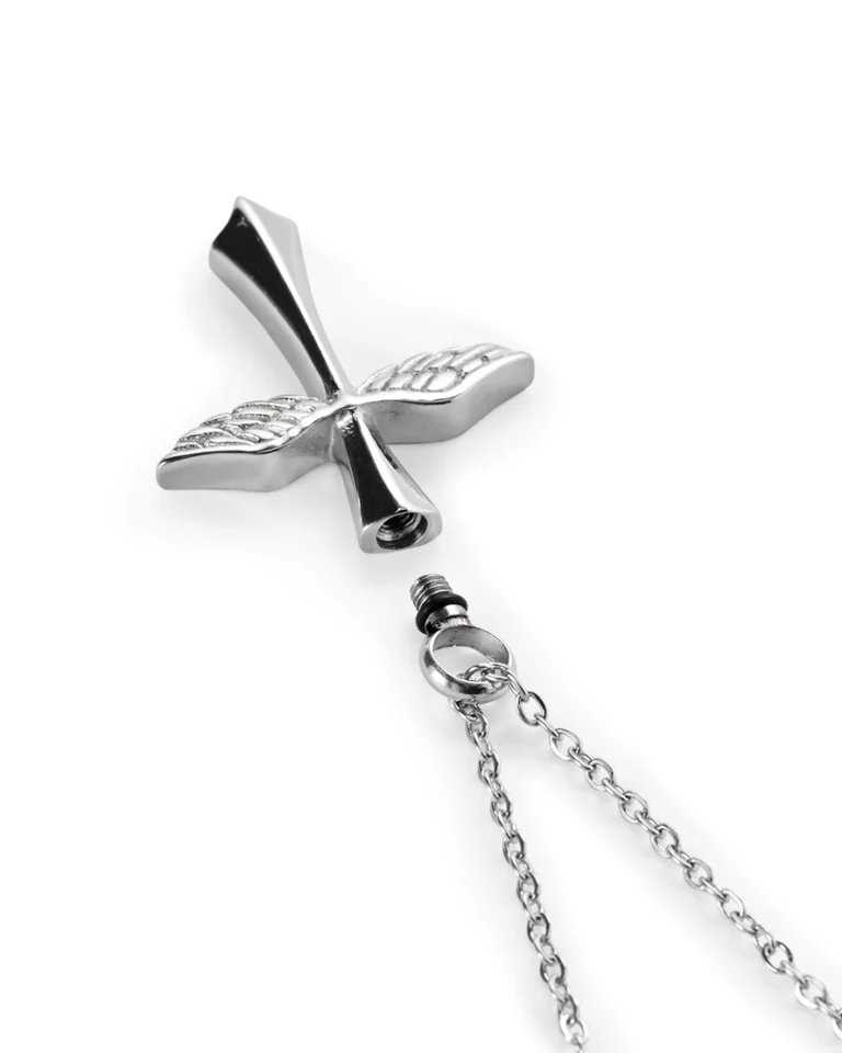 Screw-in top opening and rubber gasket on silver Angel Wings Cross urn necklace for ashes
