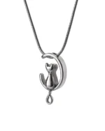 Front view of silver cat moon cremation necklace with seated cat inside a polished crescent