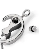 Rear screw opening and rubber gasket on silver cat moon urn necklace for ashes