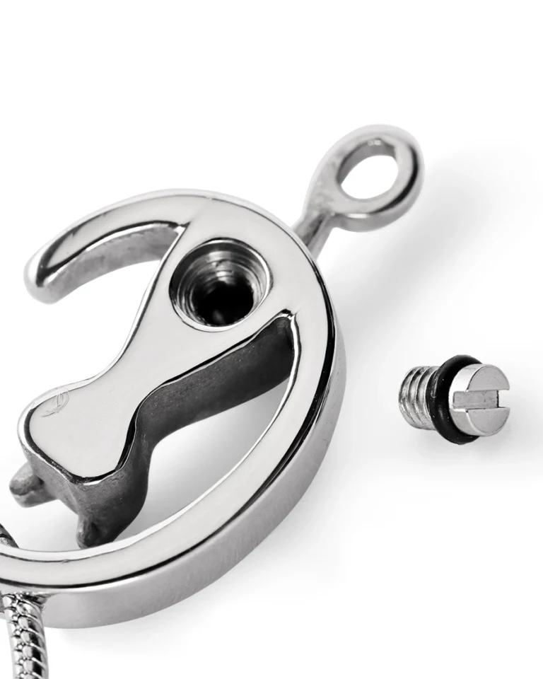 Rear screw opening and rubber gasket on silver cat moon urn necklace for ashes