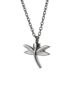 Front view of silver dragonfly cremation necklace showing four sculpted wings and segmented body