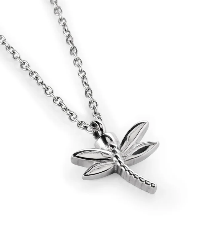 Silver dragonfly urn necklace for ashes with sculpted 316L stainless steel wings and 20 inch chain