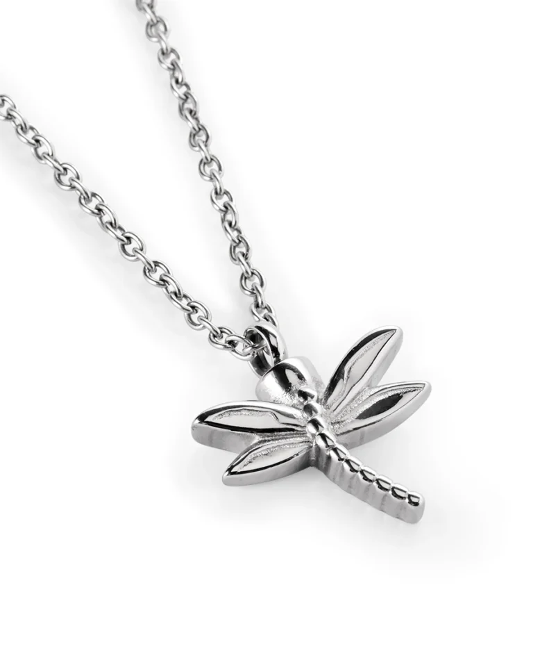 Silver dragonfly urn necklace for ashes with sculpted 316L stainless steel wings and 20 inch chain