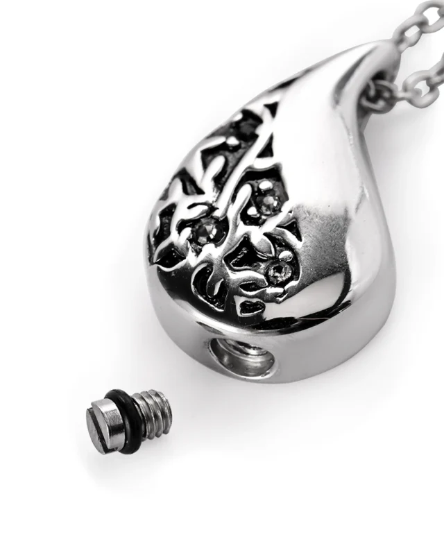 Bottom screw opening and rubber gasket on floral teardrop urn necklace for ashes