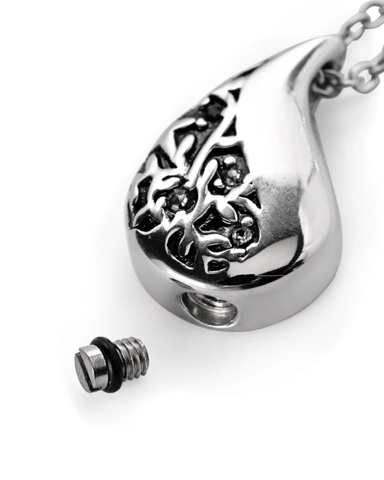 Bottom screw opening and rubber gasket on floral teardrop urn necklace for ashes