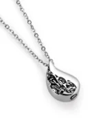 Teardrop urn necklace for ashes with floral detailing, small stone accents and 20 inch stainless steel chain