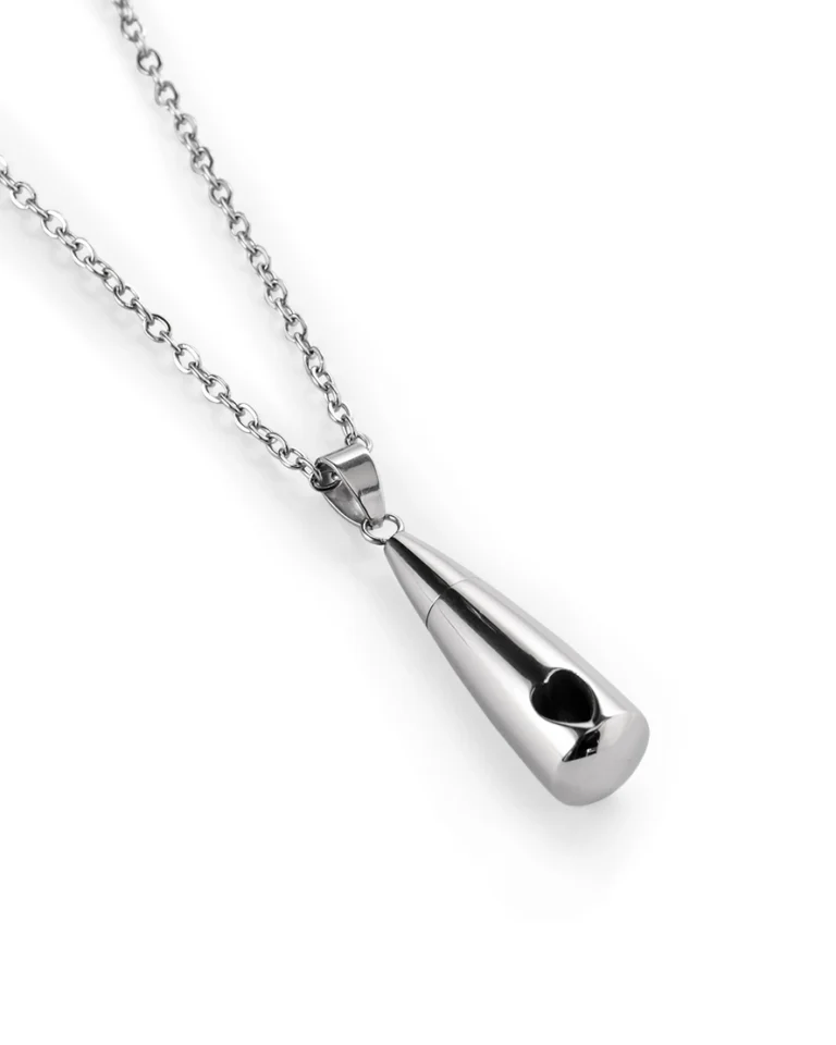 Teardrop urn necklace for ashes with polished elongated body, heart detail and 20 inch stainless steel chain