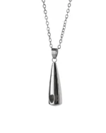 Front view of teardrop urn necklace with small heart detail and polished stainless steel body