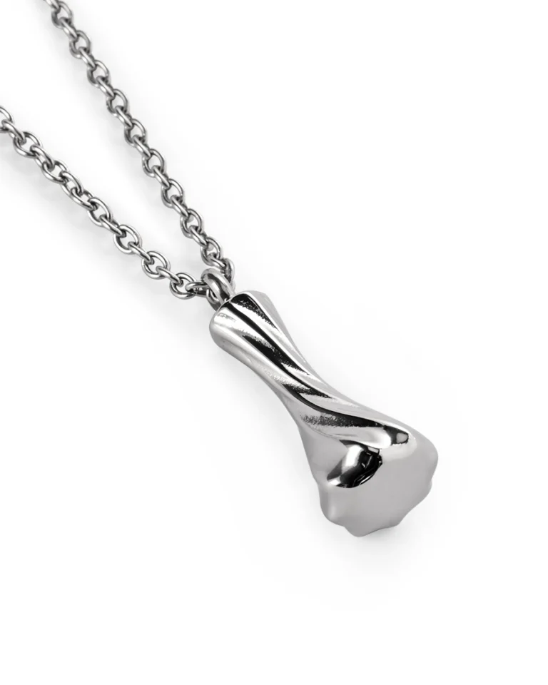 Twisted bar cremation necklace for ashes showing tapered stainless steel curves and sculpted spiral profile