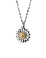 Front view of two-tone daisy cremation necklace with silver-tone petals and raised gold-tone center