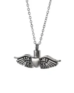 Front view of winged heart cremation necklace with polished heart and sculpted feather wings