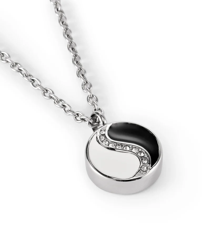 Yin Yang cremation necklace for ashes with black and silver 316L stainless steel design and curved crystal accents