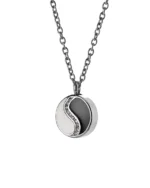 Front view of Yin Yang cremation necklace with black and polished silver sections divided by clear crystal accents
