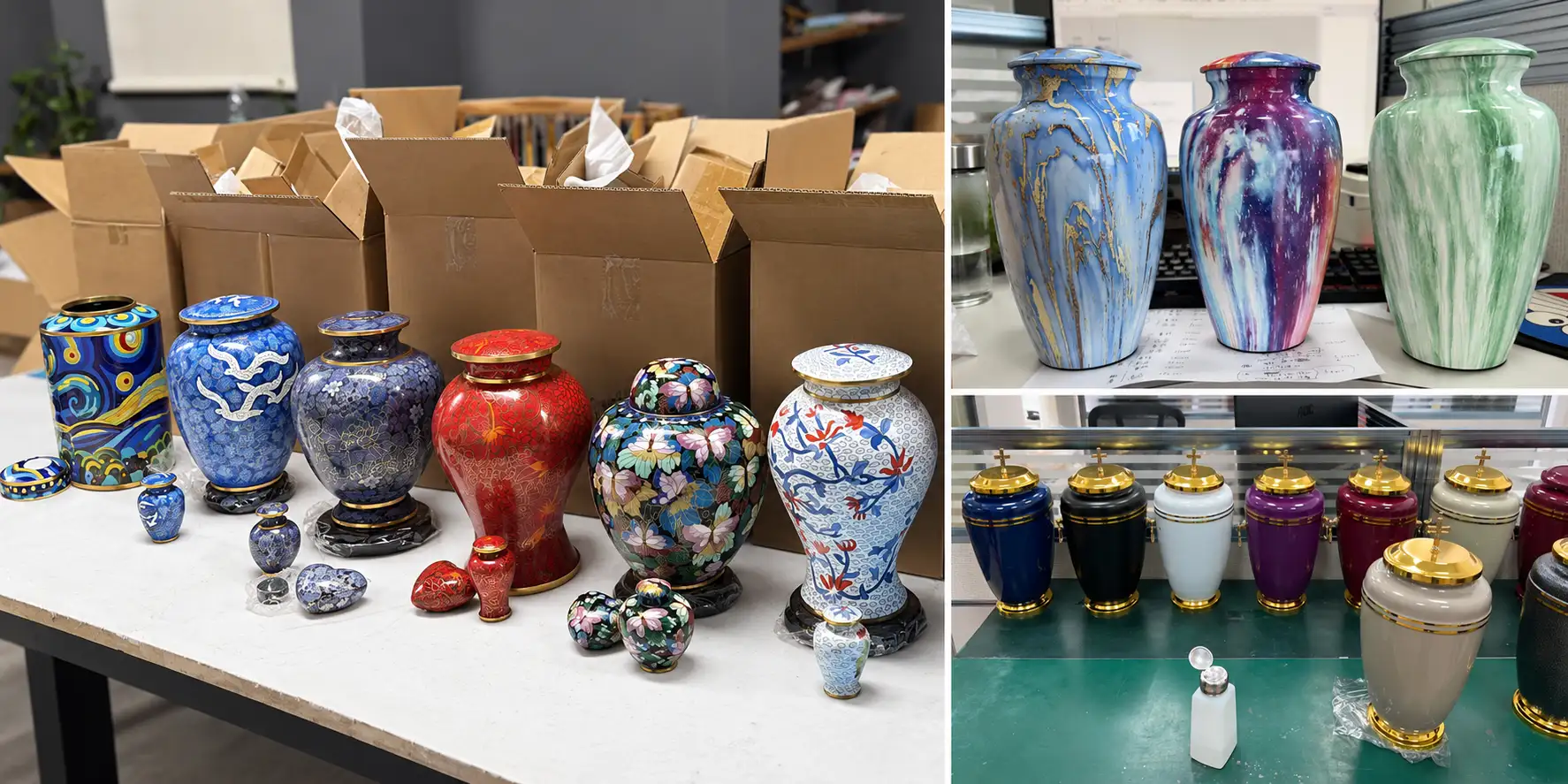 Cloisonne cremation urns with matching keepsakes, alongside metal urns in marbled finishes and solid colors with gold cross lids