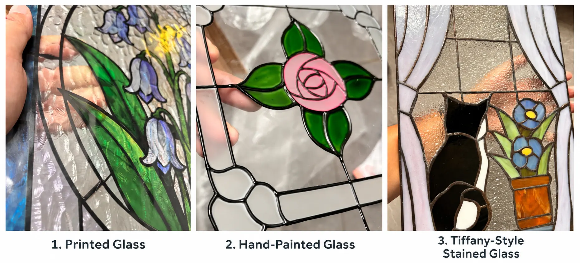 Three decorative glass panel techniques for cremation urns: printed glass, hand-painted glass, and Tiffany-style stained glass