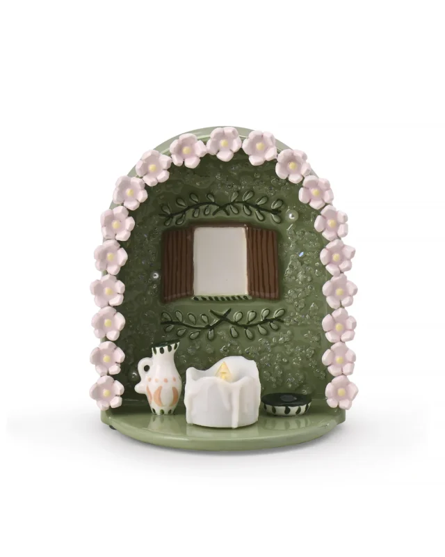 Floral Window pet memorial shrine with green arch, raised pink flowers, brown window shutters, and LED candle