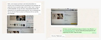 Customer messages about small text in a pet memorial engraving preview despite being within the character limit