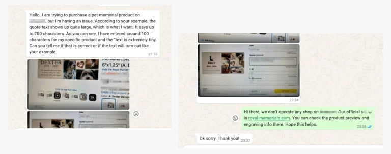 Customer messages about small text in a pet memorial engraving preview despite being within the character limit