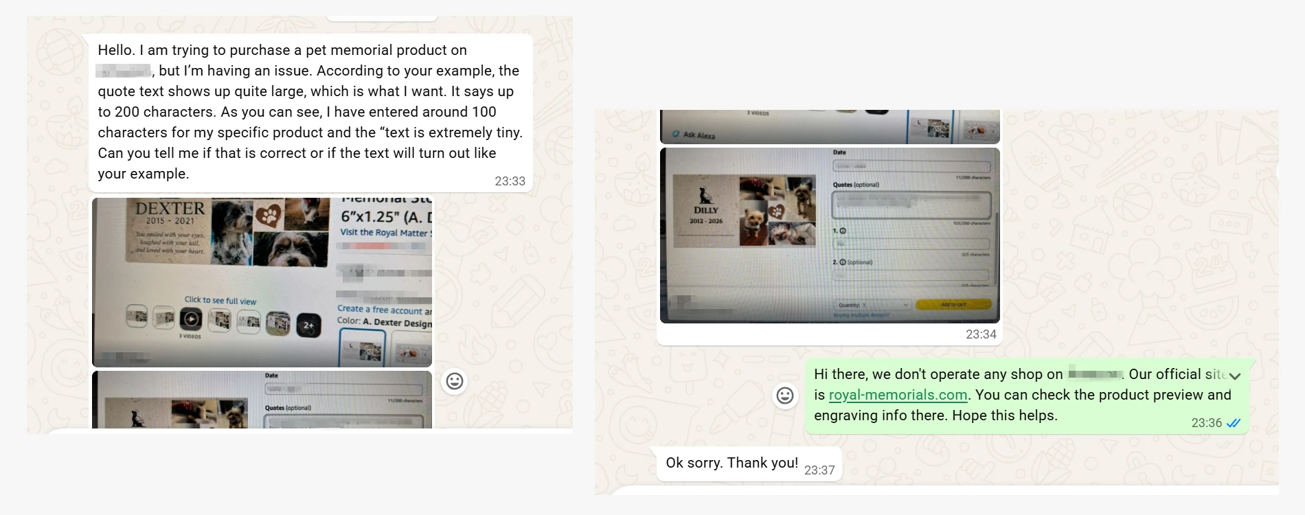 Customer messages about small text in a pet memorial engraving preview despite being within the character limit