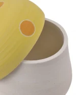 Close-up of the mushroom urn’s yellow lid with orange spots and ceramic opening