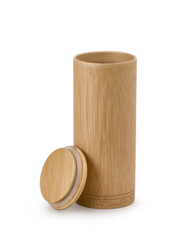 Single-section bamboo pet urn with removable top lid, showing the cylindrical interior and natural bamboo wall