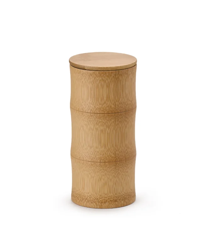 Natural bamboo pet urn with three continuous stalk sections, two visible bamboo nodes, natural grain, and a flat removable lid