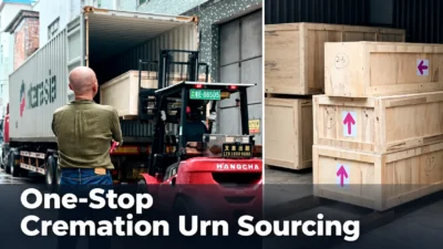 Forklift loading a wooden crate into a shipping container, alongside stacked shipping crates, with the title One-Stop Cremation Urn Sourcing