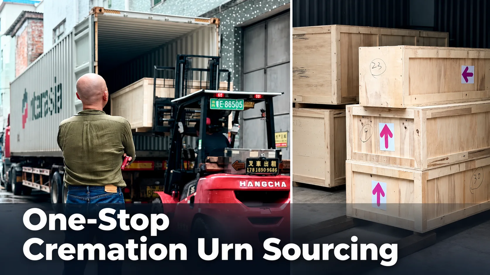 Forklift loading a wooden crate into a shipping container, alongside stacked shipping crates, with the title One-Stop Cremation Urn Sourcing