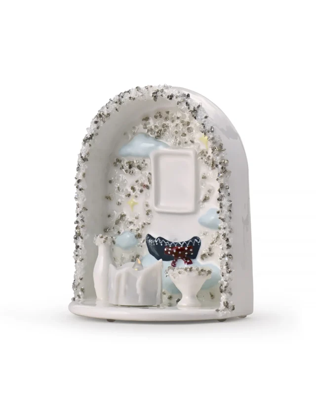 Cloud & Stars pet memorial shrine showing the white arched body, textured decorative border, and LED candle