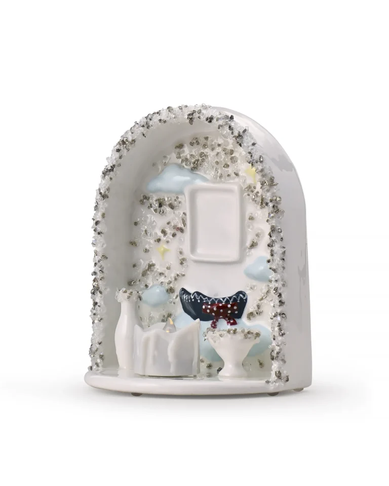 Cloud & Stars pet memorial shrine showing the white arched body, textured decorative border, and LED candle