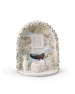 White Cloud & Stars pet memorial shrine with rectangular photo area, blue clouds, miniature ornaments, and LED candle