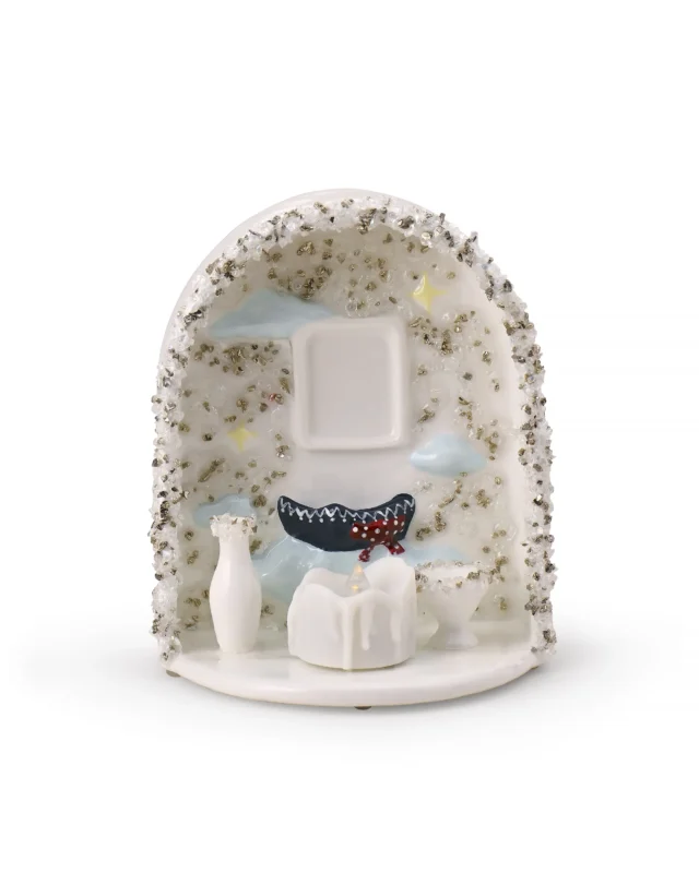 White Cloud & Stars pet memorial shrine with rectangular photo area, blue clouds, miniature ornaments, and LED candle