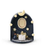 Moon & Stars pet memorial shrine with navy blue arch, crescent moon, oval photo area, and LED candle